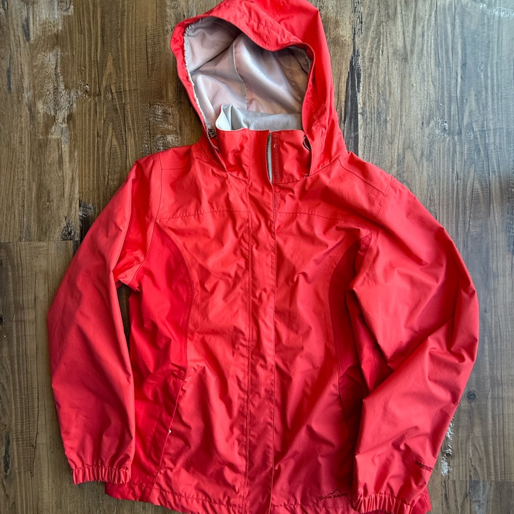 Eddie Bauer Women’s WeatherEdge Rain Jacket Red Hooded Waterproof Windbreaker M
